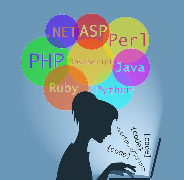 A colourful drawing of a woman working on her laptop. She is writing code described with text bubbles above her.  Text reads PHP, .net, Ruby, Python and Java